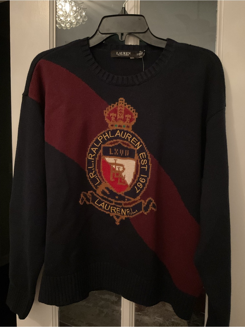 Ralph Lauren Navy Crewneck Sweater with Burgundy Diagonal Stripe & Crest - Picture 2 of 13